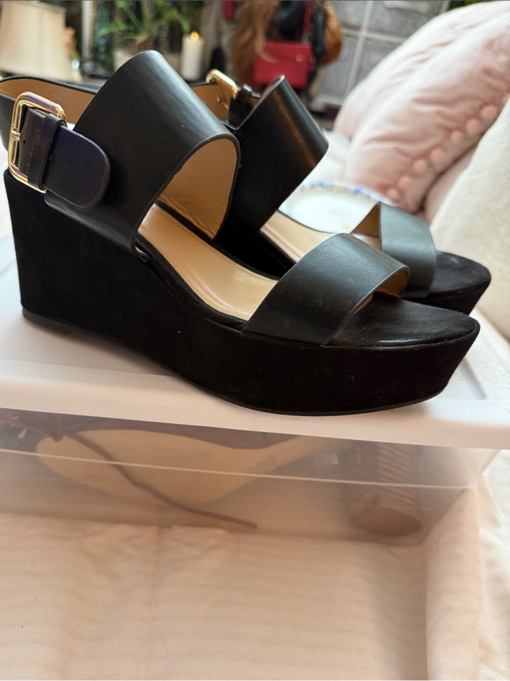 a new day Black Wedge Sandals with Buckle Detail